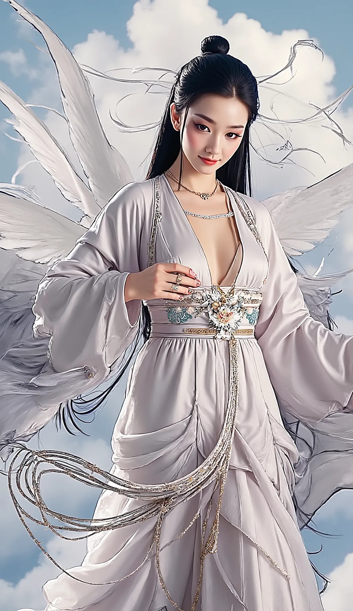 HD quality，beauties，The CG version，Wearing ancient Chinese costumes，Feels like fairy air，dark hair，long hair， white clothes ，beauties站着的，Show a smile，The image of Crane Boy in Nacha 2，Sexy female devil with wings ， white wings， The big eyes ，Has a long eye...