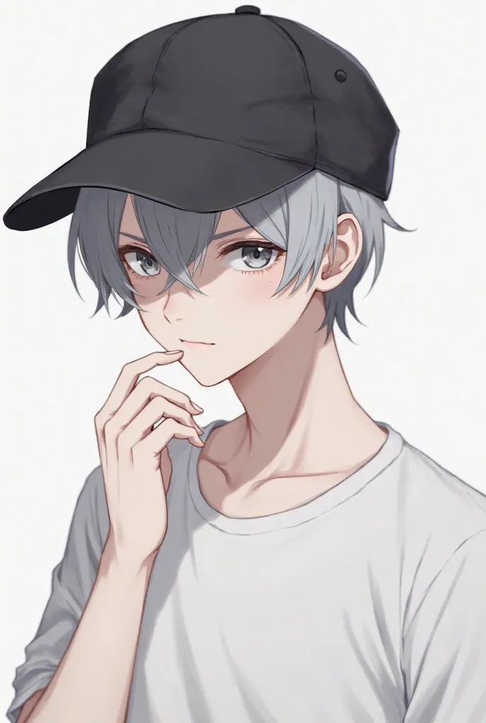 Boy with black cap grey hair with black grey eye and white t-shirt and white skin anime 19 years old 1 by 1 picture 