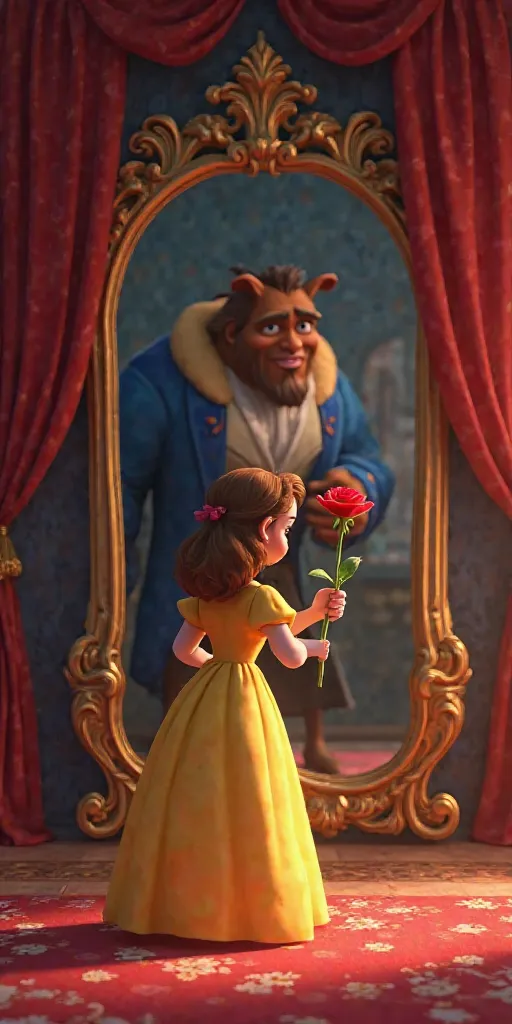 3d cartoon styled A Fateful Encounter in Reflection
Within the same stately chamber, Belle is shown bending down as if collecting a cherished item from the floor—perhaps a single, radiant red rose that symbolizes hope and magic. In the mirror behind her, a...