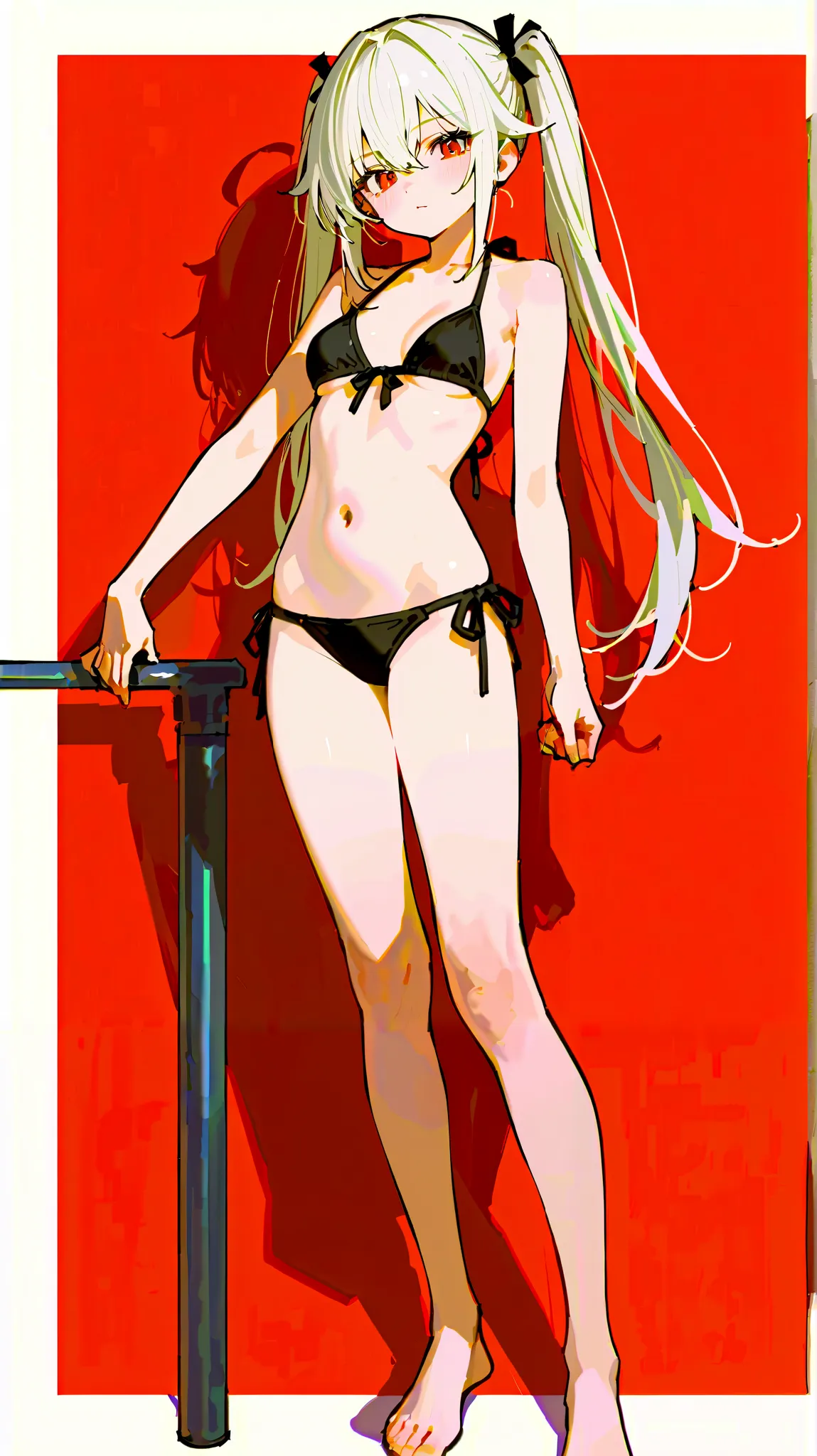 Anime-style illustration of a female character with long, white hair tied into two high ponytails. She has vibrant red eyes and wears a black bikini, exuding a relaxed and confident demeanor, full body. Her pose standing, shows one hand gently raised behin...