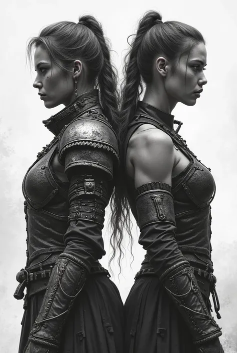 Image of two female warriors back to back in realistic black and white style
