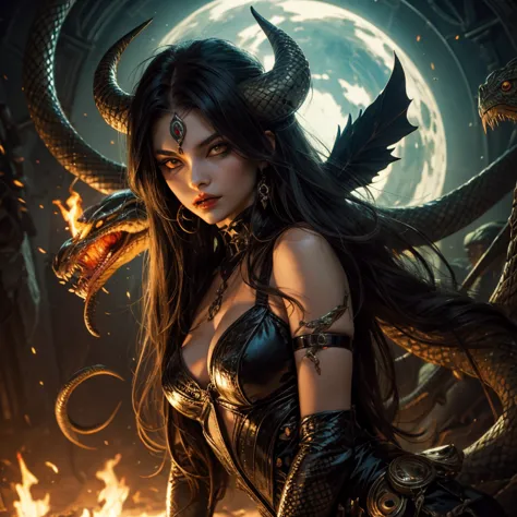 Evil demoness with a head of snake, snakes in her hair, yellow eyes
