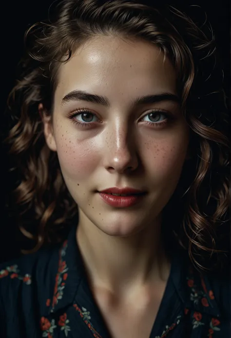 (close-up, editorial photograph of a 20 yo woman from the 1940's), (highly detailed face:1.4) (smile:0.7) (background inside dark, moody, private study:1.3) POV, by lee jeffries, nikon d850, film stock photograph ,4 kodak portra 400 ,camera f1.6 lens ,rich...