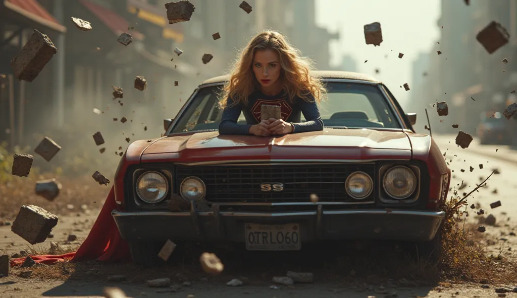 Supergirl; Supergirl 1984s costume;  pieces of metal flying in the air; Photo of Supergirl long blonde hair; 20 years old, beautiful blue eyes; carefully protecting a poor cat while a car at full speed passes over her; destroying its front part at the mome...