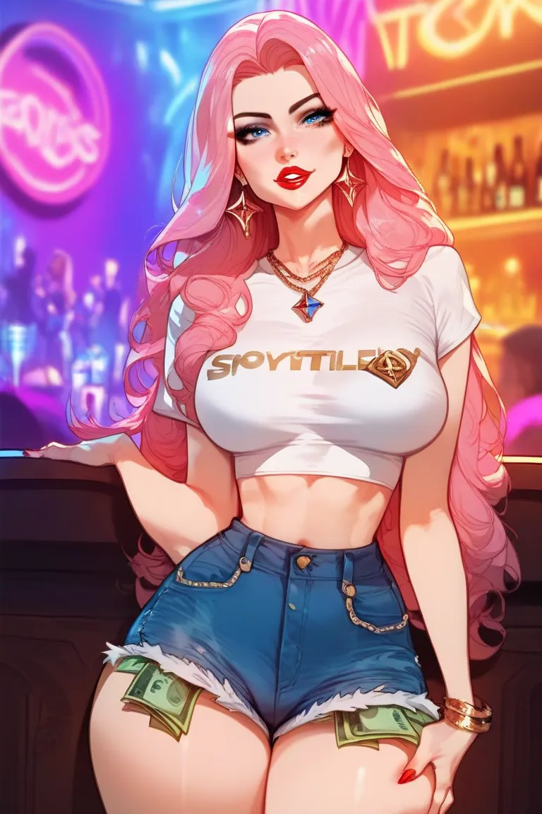  Masterpiece , best quality, 1 girl,  is worth, pink hair, long hair, red lipstick, BLUE EYES, Smiles, rests his hand against his thigh, thongs, money in shorts, background nightclub  