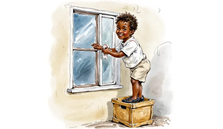 A Nigerian boy standing on a crate to clean a wimdow
Water color illustration, no background