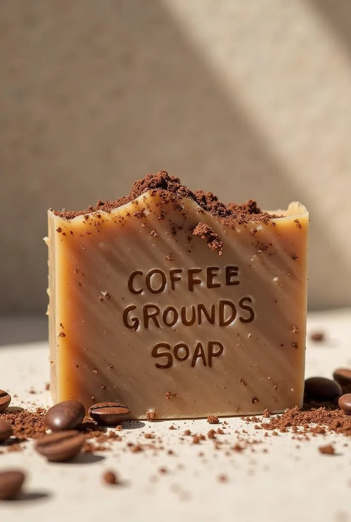 It is a coffee grounds soap product picture with a name.