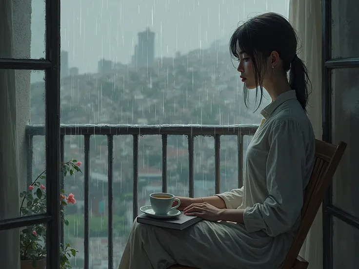 Sad girl Sitting In balcony with rain outside