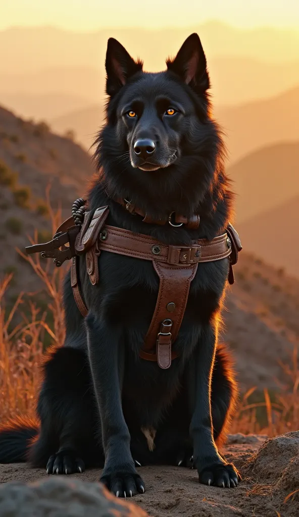  Powerful black Cane Corsa in leather straps . Sitting next to an ancient Roman gladiator. detailed fur, strong and faithful posture, rugged terrain, sunset lighting, cinematic atmosphere, high realism, 4K resolution.”