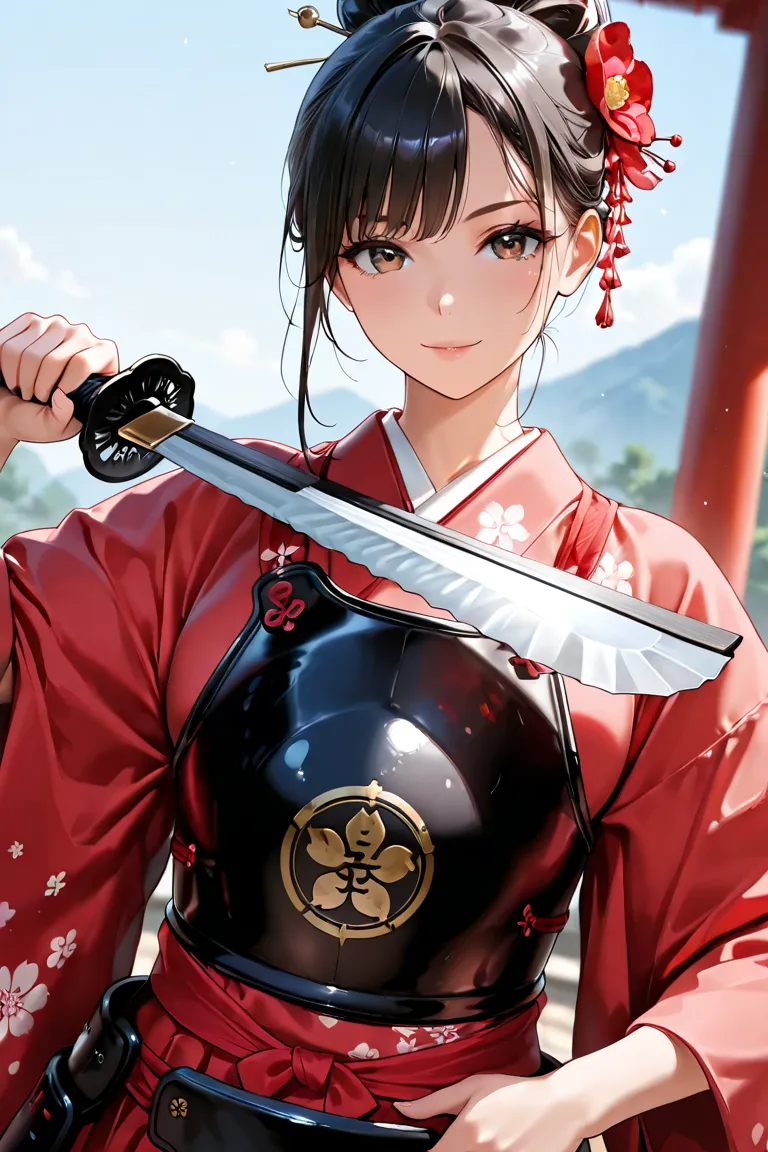 masterpiece, top quality,  beautiful woman ,  character focus , One person, Only the upper body, samurai,  kimono,  In a pose with a fan,  combat posture, dynamic angle,  Ancient Kyoto