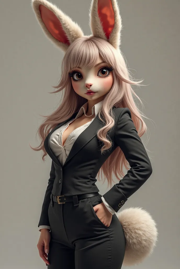 photoreal, seductive, bunny, fursona, long flowing hair, bangs, sexy pose, whole body covered in fur, furry, wearing office clothing