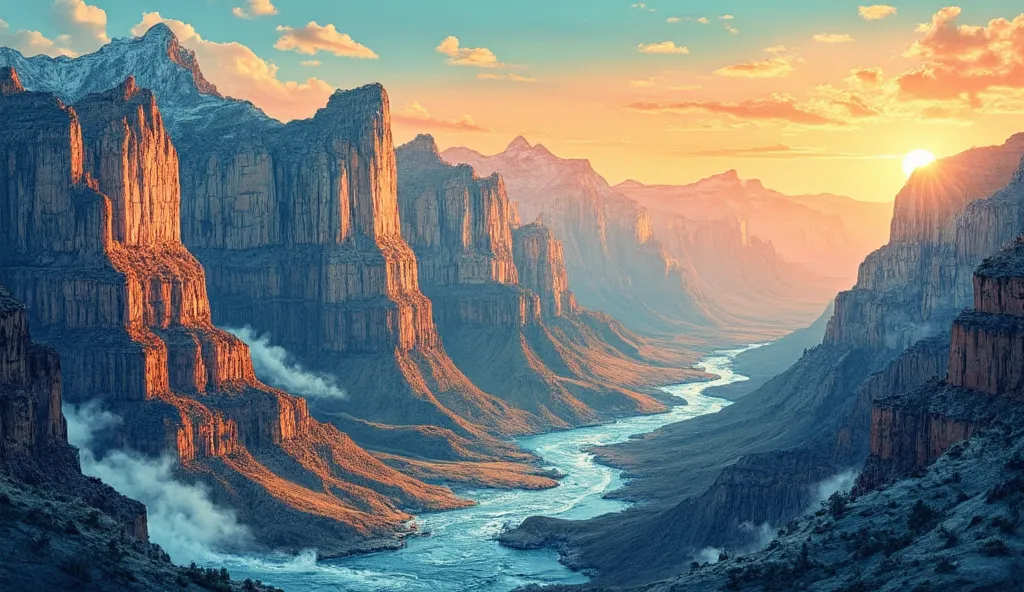 "A breathtaking view of the Grand Canyon, depicted in the traditional ukiyo-e style of Katsushika Hokusai. The vast canyon walls rise majestically with intricate linework, emphasizing their rugged textures. The Colorado River winds through the canyon, its ...