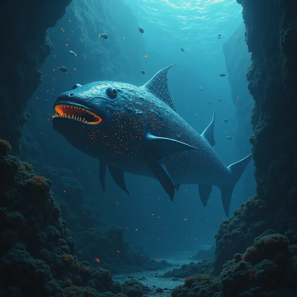 Scientists discover a new species of fish in the depths of the Mariana Trench, highly detailed, photorealistic, 8K, ultra-detailed, realistic, physical, detailed underwater scene, large predatory fish, sharp teeth, glowing bioluminescent features, complex ...