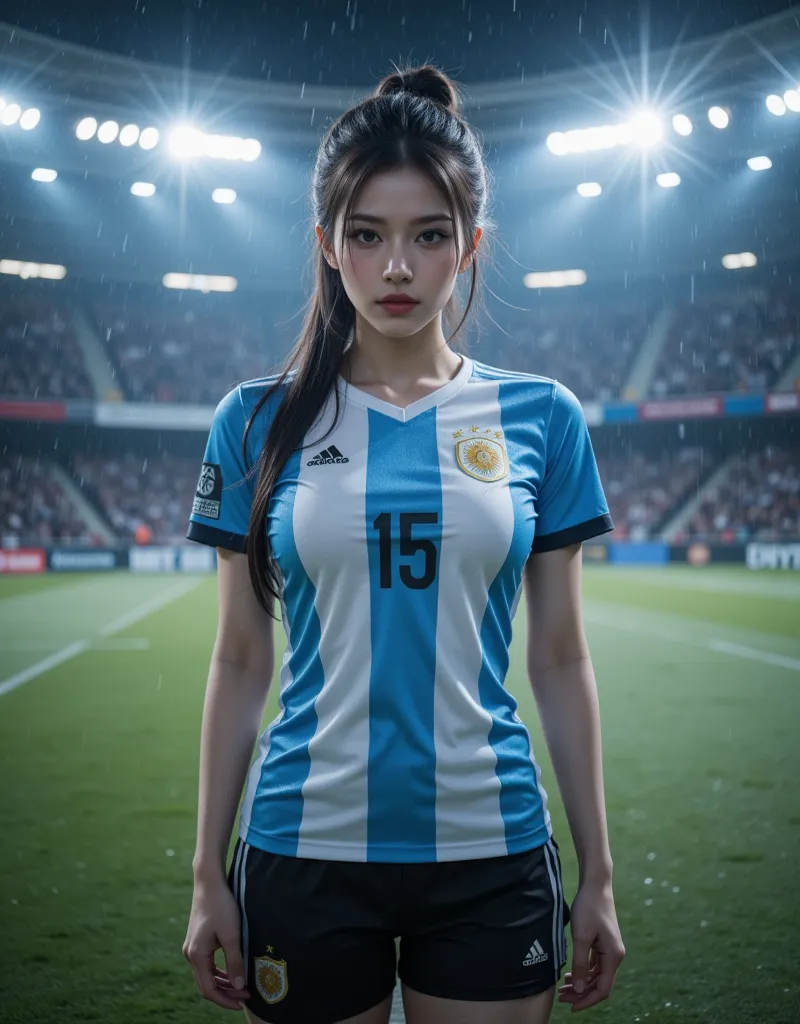 (清楚で超 beautyな巨乳の韓国人美女がアルゼンチン代表のユニフォームを着て立っている:1.2)(Laughing whistling :1.2)(汗ばんだbeautiful skin:1.1)(16k,  RAW photos , top quality, masterpiece: 1.2),(Beautiful bun hair:1.1) Super Detail, super resolution, (Genuine, Genuine photos: 1.37),  portraits, high...