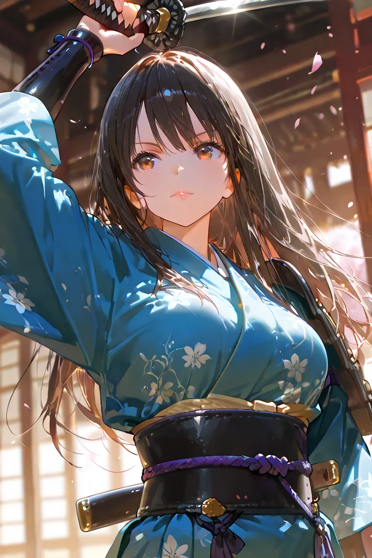 masterpiece, top quality,  beautiful woman ,  character focus , One person, Only the upper body, samurai,  kimono,  In a pose with a fan,  combat posture, dynamic angle,  Ancient Kyoto