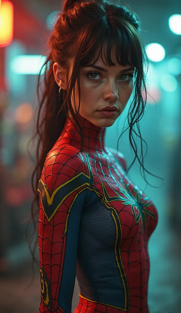  Beautiful girl dressed as Spiderman, hipster, in the tattoo , full length, cyberpunk 2077, лицо in the tattoo ,  cybernetic,  with wings , in a cyberpunk, green eyes, Cybergirl , eye detailing, magical beauty, neon, 