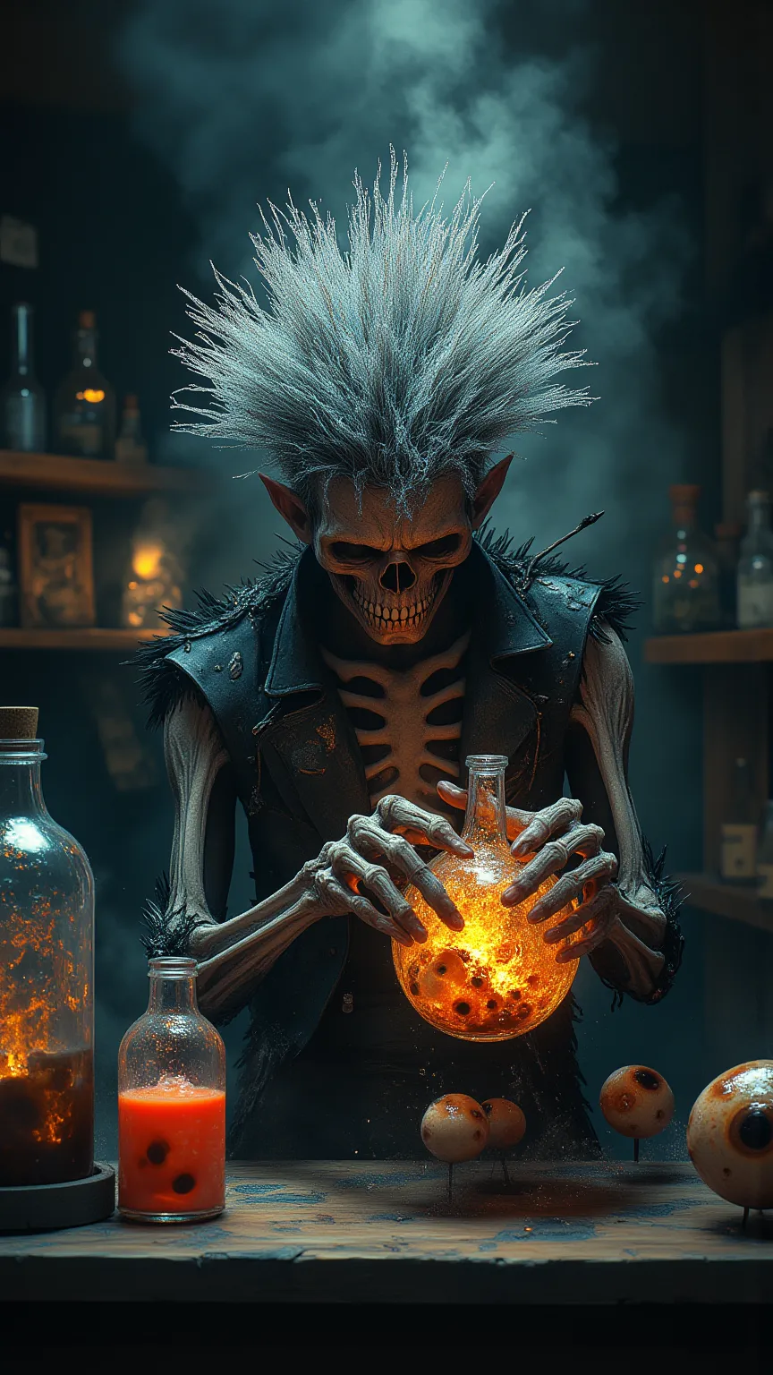 extremely detailed skeleton alchemist with mohawk hair, wearing rags, lunatic expression, with frost  characteristic bones, producing toxic potion eyeballs, aidmamj6.1