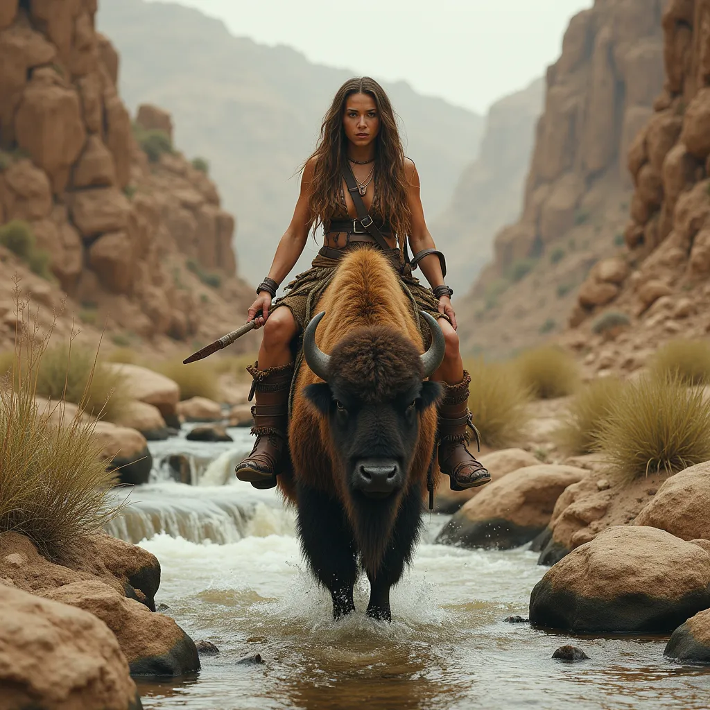 A WIDE FULL-BODY SHOT OF A CAVEWOMAN RIDING A BISON THROUGH THE RUGGED ROCKY DESERT. THE CAVEWOMAN IS WEARING CLOTHES MADE FROM ANIMAL SKINS AND MOCCASINS. THERE IS A STREAM IN THE PICTURE WITH A SMALL WATERFALL. THE SKY IS HAZY AND DUSTY.