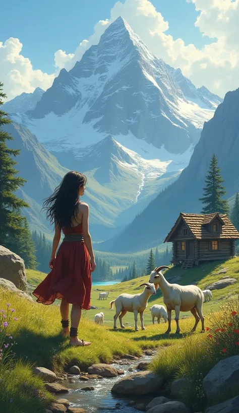 a beautiful girl is living alone in the mountain with thier goats