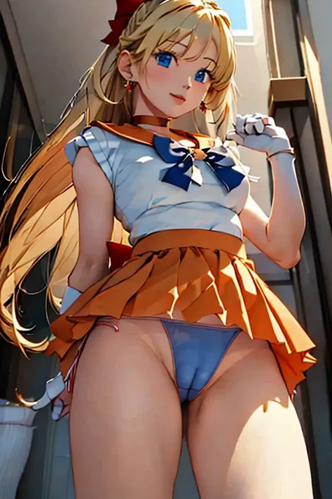 masterpiece,   best quality ,  high image quality , realistic, Show more1, Venus 1,   one girl who is at ease , alone,  sailor warrior uniform,  Sailor Venus pointing at viewers, ,  blonde hair , Magical Girl,  blue eyes,  orange skirt , Elbow Pocket ,  ti...