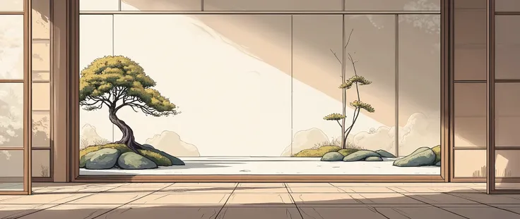 illustration in soft colors predominating , minimalism of a Japanese style living room with window to see the minimalist Japanese garden with bonsai trees, the stage evokes energy and elegance
