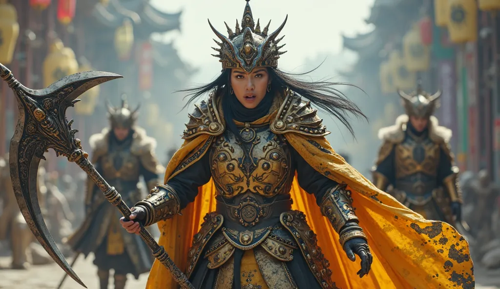 photography, UHD, 16k , cinematic, A beautiful Korean angry screaming woman warrior in full armor, wearing a gold cape with black patterns, and a crown made of steel and skulls. She is holding a large mechanical huge scythe, charging foward, behind are sim...