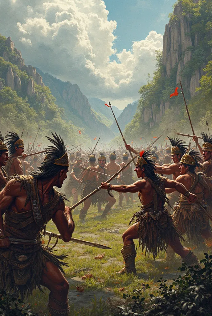 A battle of the natives with horns and spears and Spaniards with guns