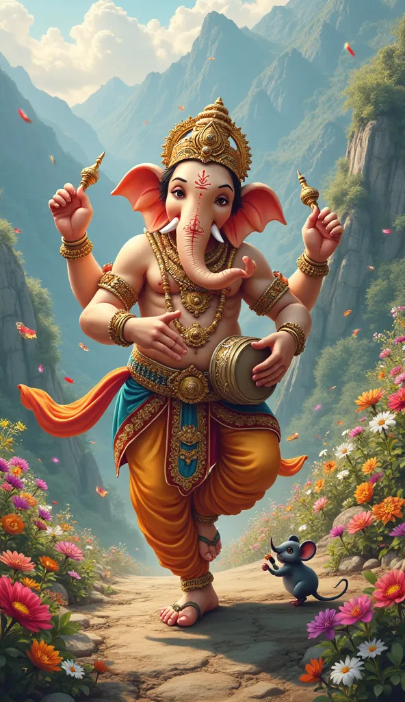 A beautiful scene shows Lord Ganesha as , dressed in traditional attire, playing a dholak while dancing joyfully. Alongside him, his small mouse companion, which serves as his vehicle, is also dancing in harmony. In the background, lush green mountains are...