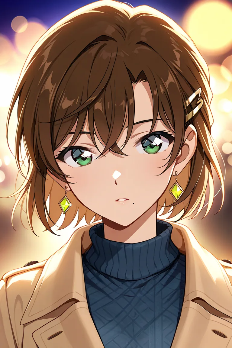 Digital artwork in Detective Conan-inspired anime style. A stunningly beautiful woman with short, brown hair partially obscuring two captivating vivid green eyes and a mole near her mouth, radiant fair skin. She wears a beige trench coat with brown stitchi...