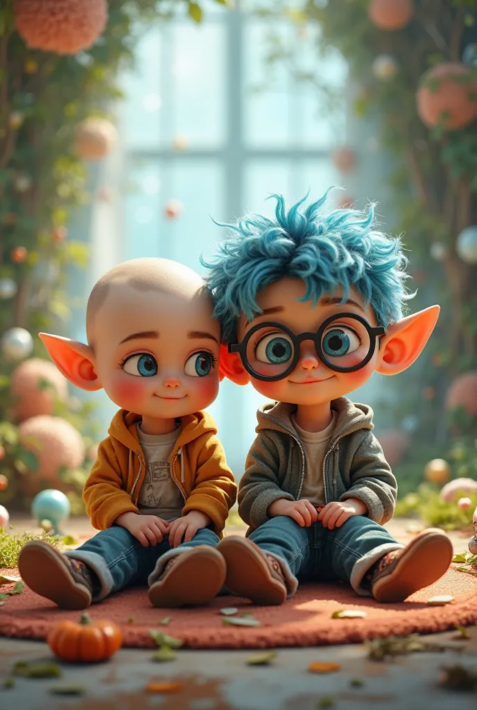 Create an image in which Bald short boy sits next to a boy in glasses with fat icy hair with big ears whose name is Fak 