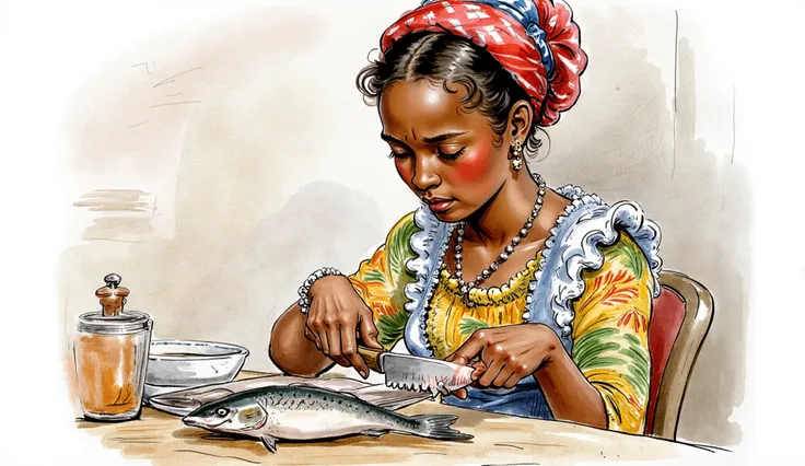 A Nigerian girl cut herself on the finger while cutting fish in the kitchen.
Water color illustration, no background