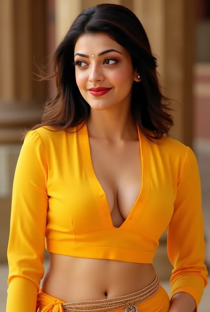 Actress kajal aggarwal wearing a erotic style yellow blouse and bottom dhoti with red glossy lipstick and waist chain, exposing her huge cleavages and sexy deep navel, expression like ready to have sex..