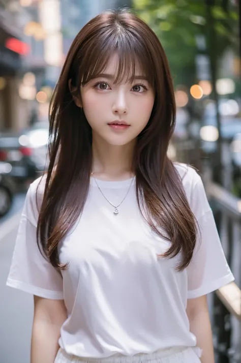 Standing in the city、、high quality,超High Resolution,、1 person,full body、Shiny brown hair,(8k, 4K、最high quality, High Resolution, 超High Resolution:1.1)、thighs、t-shirt、Close-fitting clothes 、 micro mini、necklaces、small breasts、Cool Look,staring at the camera...