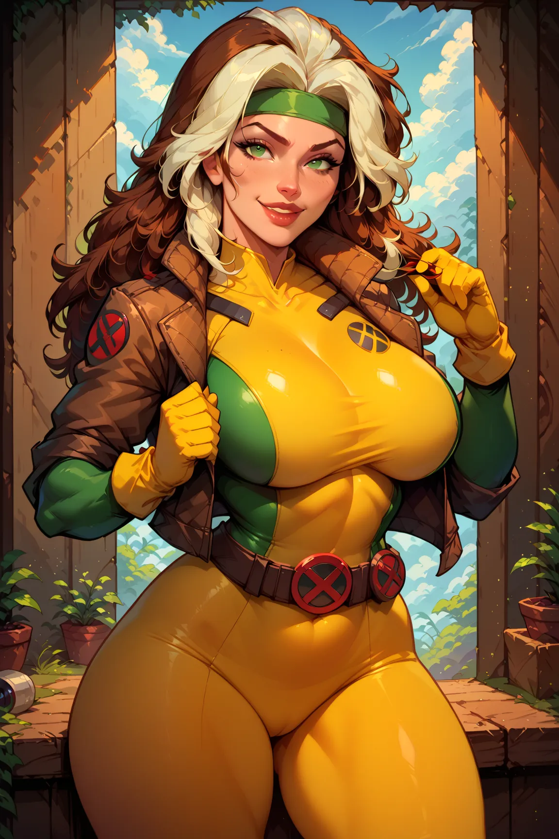 1girl, breasts, solo, thick_thighs, rogue_(x-men), green_eyes, headband, thighs, bodysuit, belt, multicolored_hair, looking_at_viewer, jacket, smile, white_hair, large_breasts, brown_hair, huge_breasts, curvy, long_hair, lips, two-tone_hair, open_clothes, ...