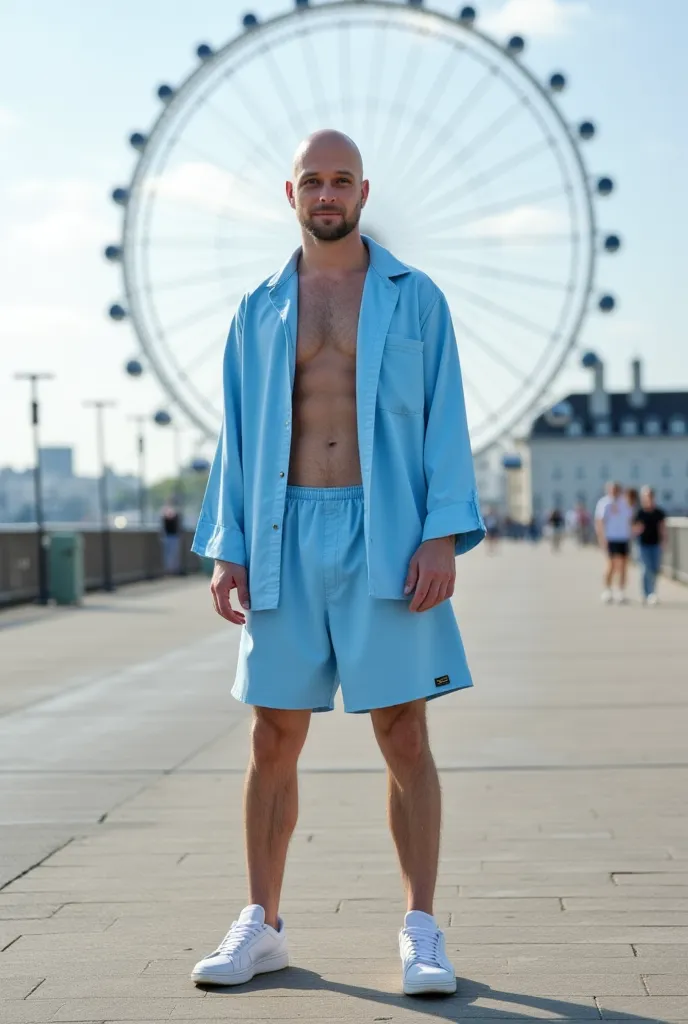 An athletic man, 30 years old, with blue eyes, a bald head, and light stubble, stands on a pier wearing a stylish sky-blue silk pajama set and white sneakers. His posture is straight, and his confident gaze is directed at the camera. Behind him, a massive ...