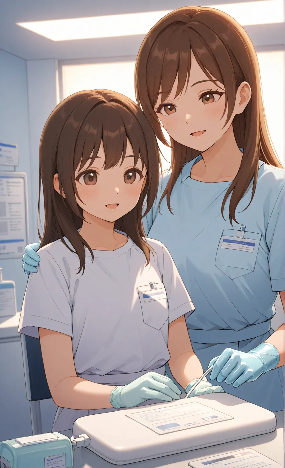 female doctor sitting next to young girl with long hair, 2girls, blush, brown hair, (tight surgical gloves), (Sterilizer Bag), smile, short sleeves, age difference, open mouth, (light blue latex gloves), (surgical outfit), shirt, beautiful detailed portrai...