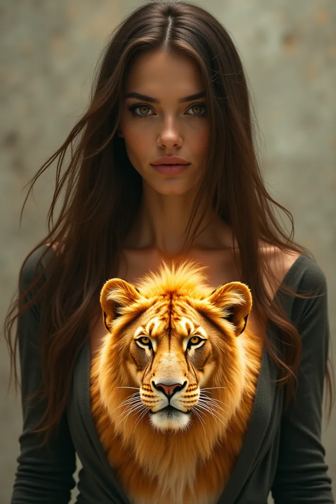 A woman with long, straight brown hair and dark brown eyes, exuding a calm and peaceful expression. However, emerging from within her, there is a fierce lioness, symbolizing strength and power. The contrast between her tranquil demeanor and the fierce lion...