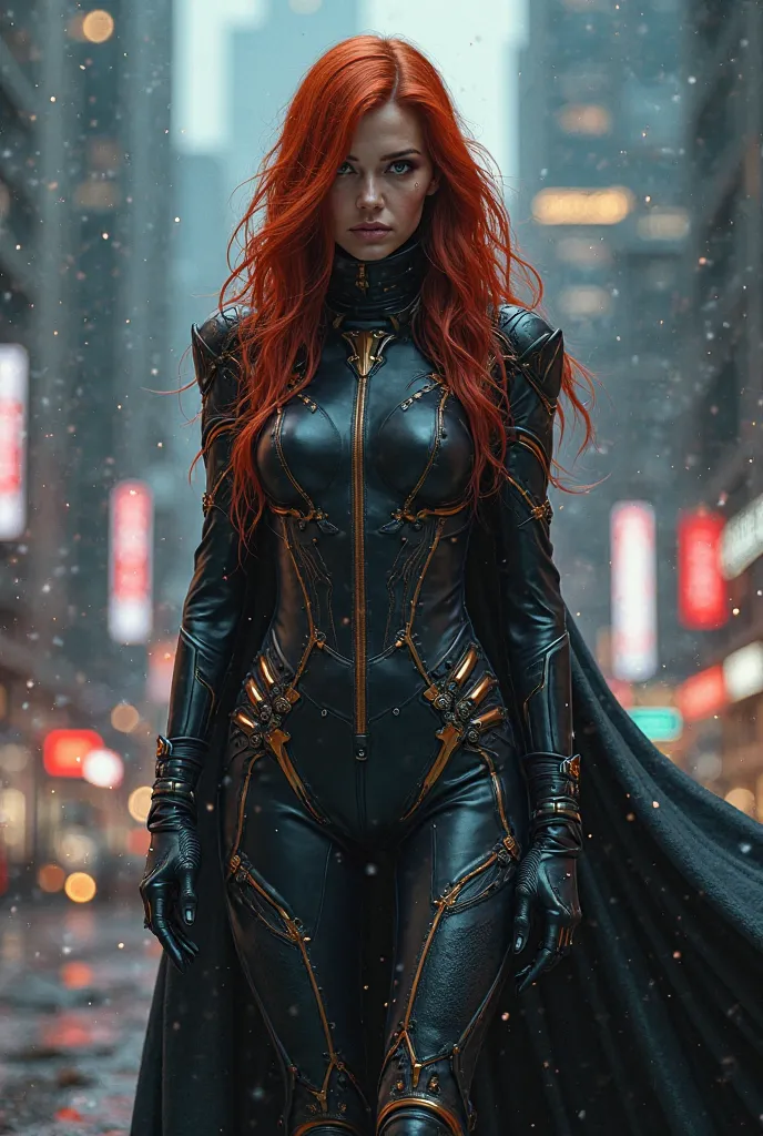 
 woman with long red hair, wearing a cyberpunk Doctor Doom costume, standing full length at night
