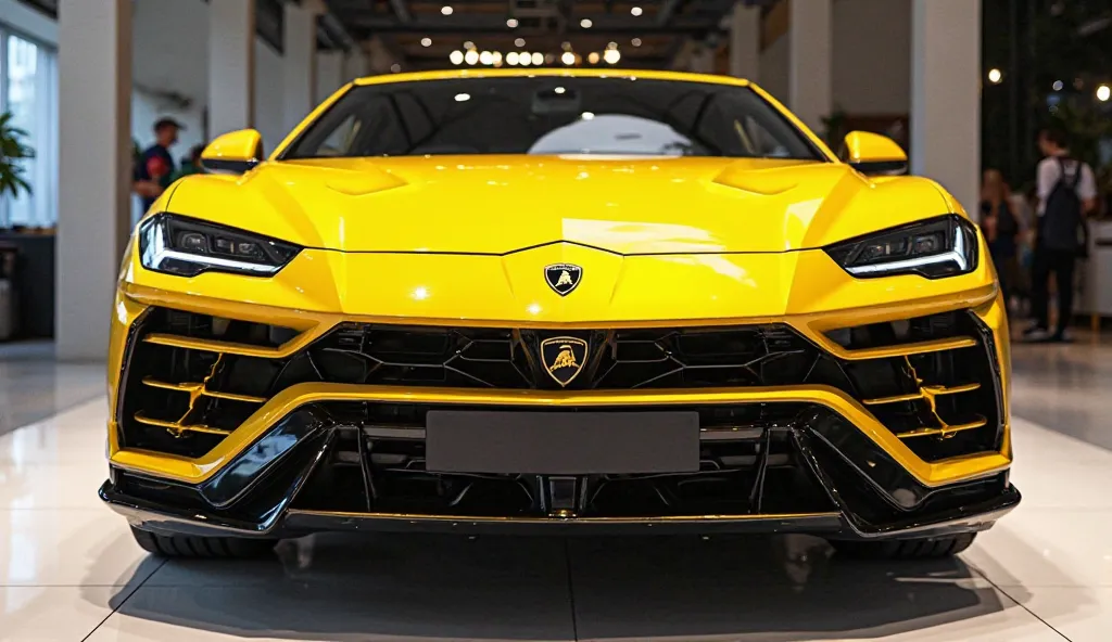 Front face view of painted yellow with Lamborghini urus 2025 in large shape car in large size with  Lamborghini urus 2025 logo on its large detail grill in Shiny black colour with angular sporty design captured from close backwith view with modified sleek ...