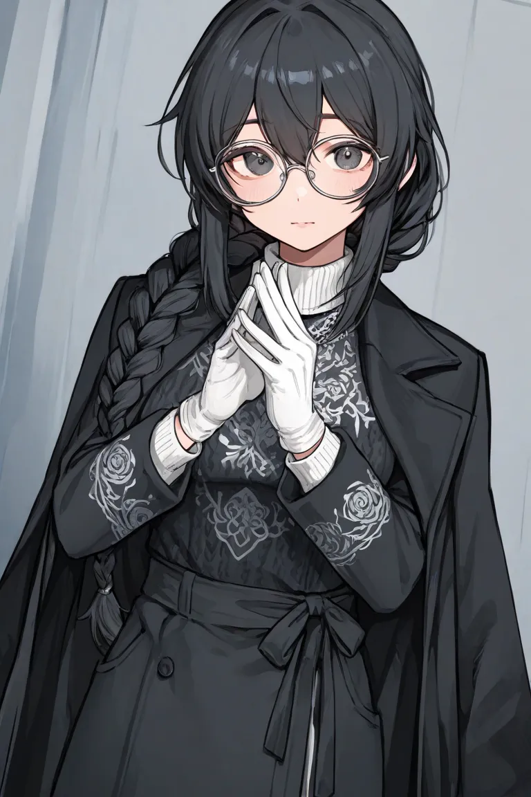 The guy with black hair, of medium height,  embroidered on a sweater , wearing a black coat, on her hands white gloves. He holds a braid in his hands, the face is wearing round-framed glasses 