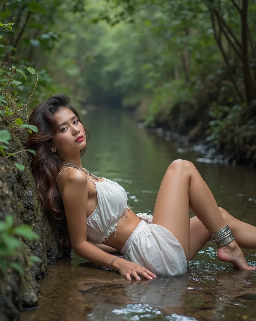 Shot of a stunning 24-year-old Ukrainian brunette model lying serenely on the banks of a shallow stream. She wears a tiny, revealing blouse that showcases her toned physique, with a bare midriff and back. A low-riding mini skirt flows around her legs, whil...