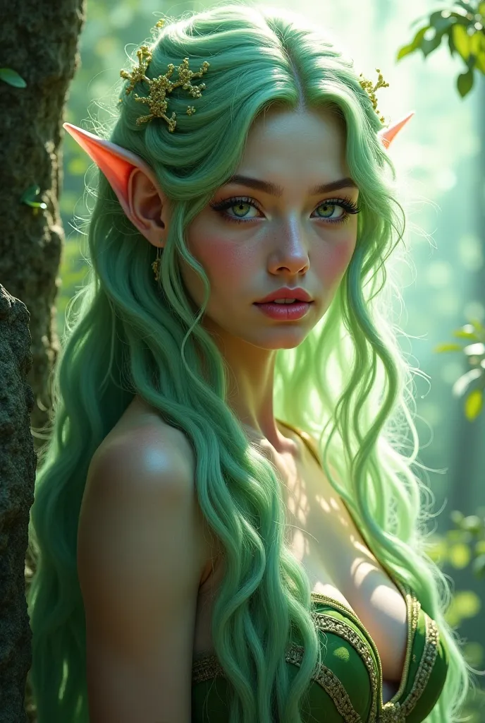 Driade donna, Light green thick hair, unique beauty, full image d&d