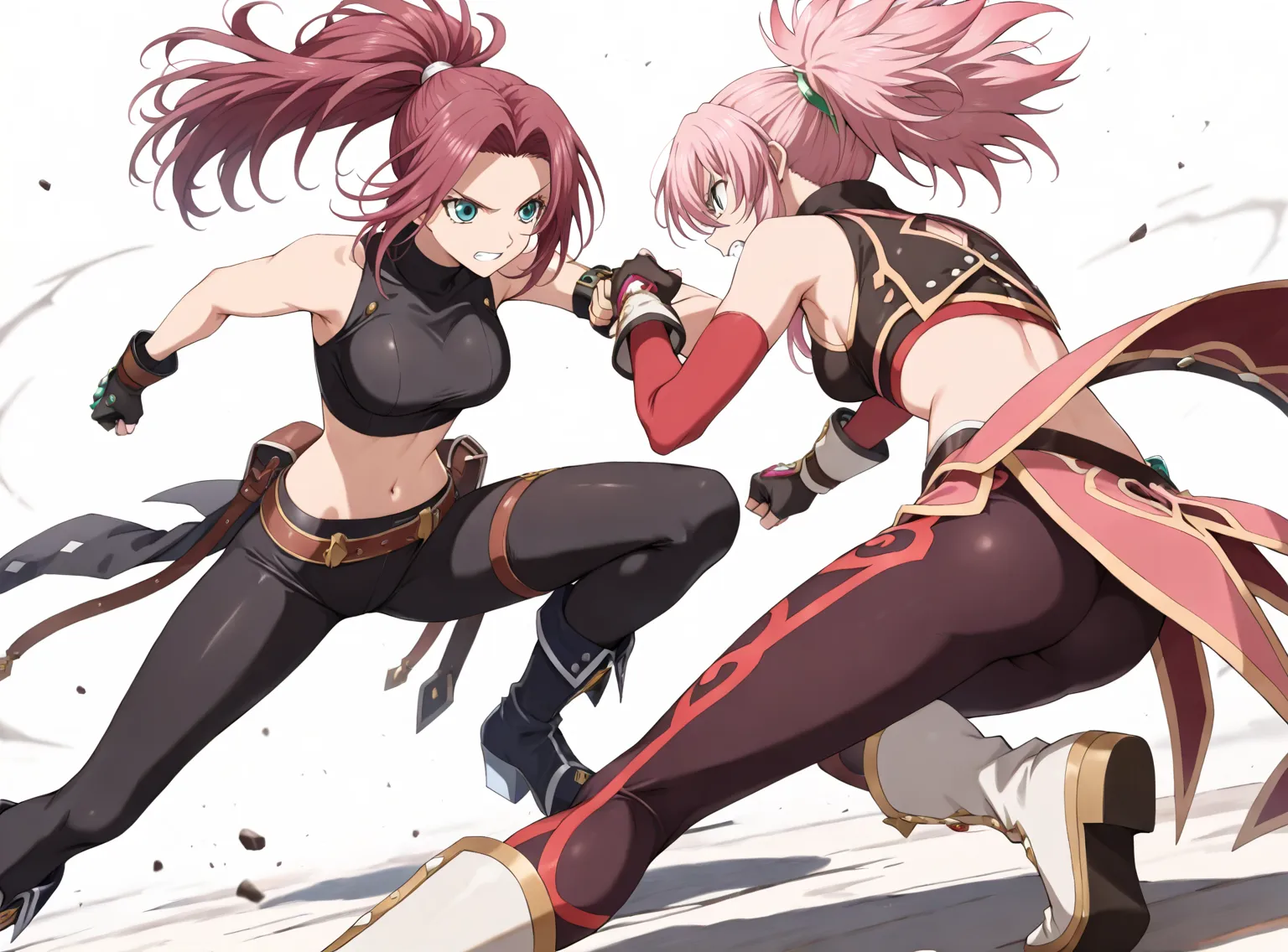 (((Best Quality))) , (white background),  (((tales of))), anime character, fighting, combat, black sleeveless turtleneck, (dark red yoga pants), long boots, fingerless gloves, dark pink hair, tales of, crop top, curtained hair, forehead, ponytail, 

