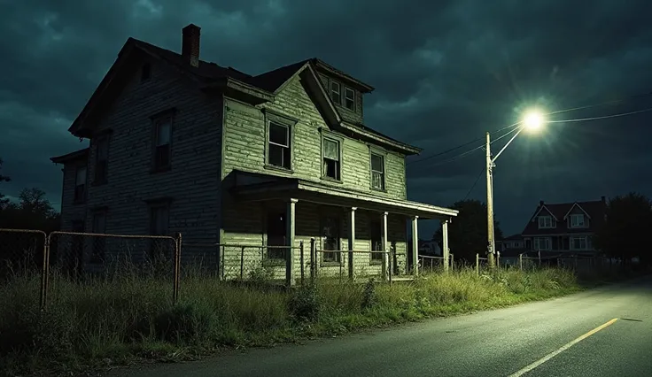 "A large, old abandoned house standing alone at the end of a quiet street at night. The house has peeling paint, rotting wooden panels, and broken windows covered in dust. The front yard is overgrown with tall, wild grass and weeds, and a rusted fence bare...