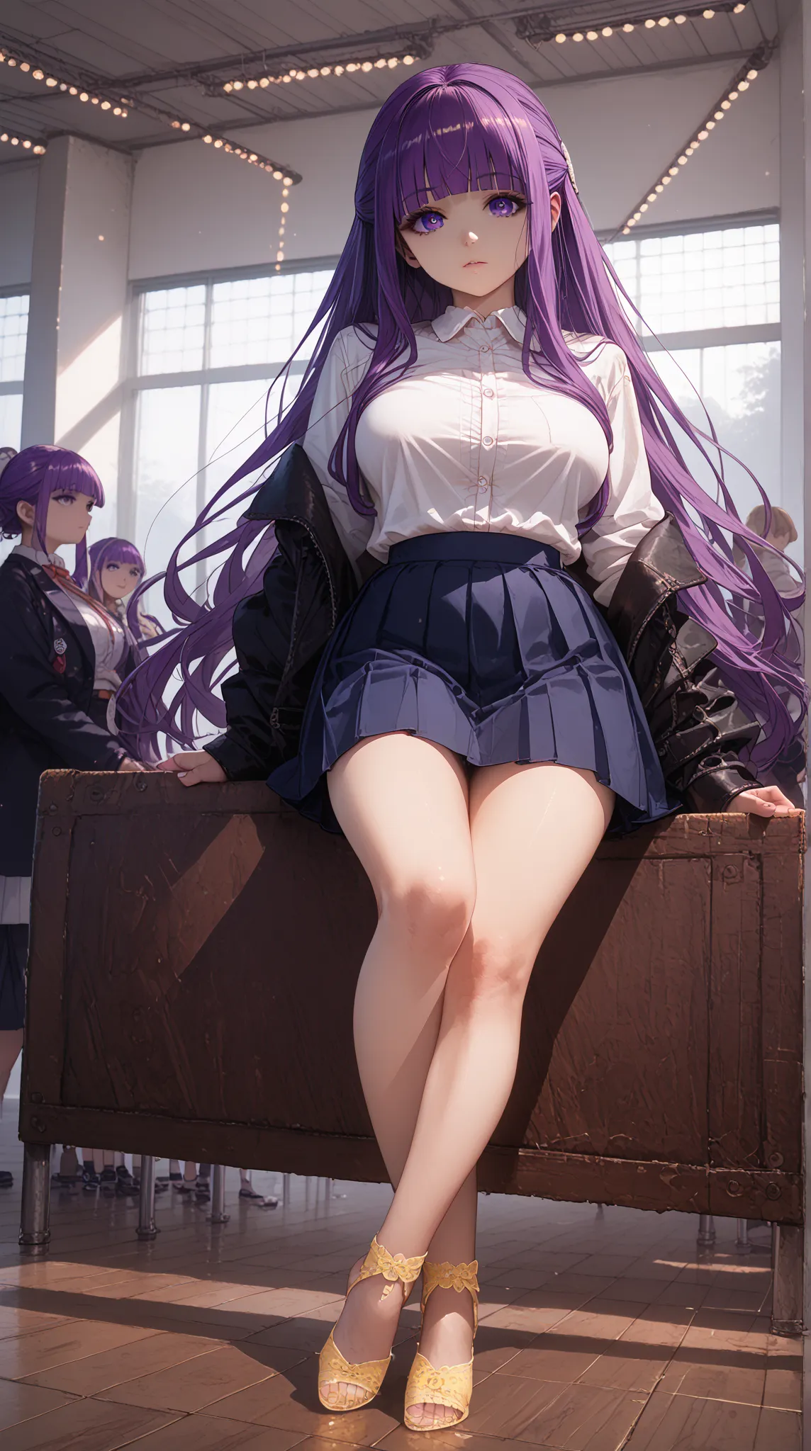 (fern \(sousou no frieren\), large breasts, long hair, purple hair, half updo, blunt bangs, purple eyes,), ,((white sports school uniform),(Textured sole,Reality of lights and shadows.),Extremely small feet,((yellow lingerie))