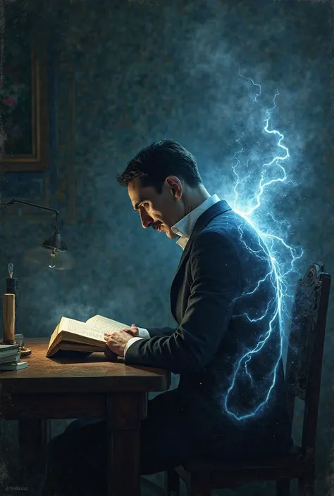 Make a Nikola Tesla profile picture where they read a book on a table and his backside is electric 