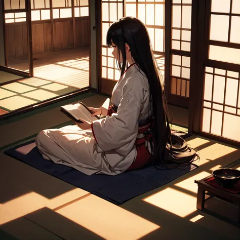 woman、Japanese-style room、Room in a samurai residence from the Edo period 、 sitting completely naked and sitting on a reading stand with a book on the lectern、cut、 long hair with dark luster 、 sunlight from the window illuminates the room 