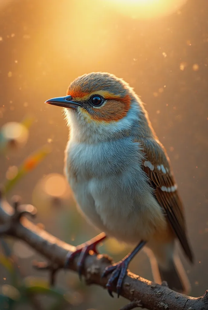 A mesmerizing close-up portrait of a gorgeous little bird illuminated by the soft, golden light of a tranquil morning, with vibrant bokeh balls gently framing its delicate form.