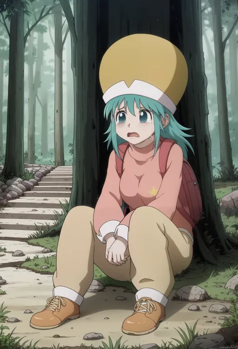 ponzu, hat, light blue hair, light blue eyes, solo, score_9, (ultra nude breasts:1.2, ultra huge tits:1.2, ultra huge cleavages:1.2, ultra huge boobs:1.2), long sleeve pink shirt, red long pants, backpack, shoes, in deep forest, trees, grasses, rocks, soli...