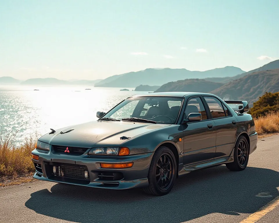 My Mitsubishi Lancer GLX 1996 four-door sports car ,standing on a coast and the sea in the background